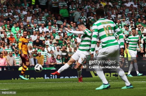 Callum McGregor of Celtic scores the opening goal during the Scottish Cup Final between Celtic and Motherwell at Hampden Park on May 19, 2018 in...