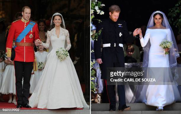 Combination of pictures created in London on May 19, 2018 shows Britain's Prince William, Duke of Cambridge and his new wife Catherine, Duchess of...