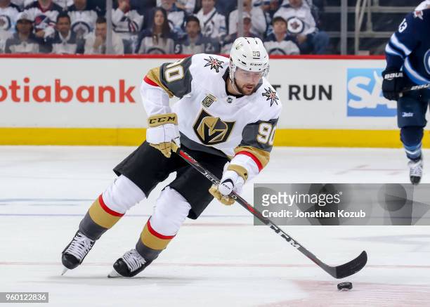 Tomas Tatar of the Vegas Golden Knights plays the puck down the ice during first period action against the Winnipeg Jets in Game Two of the Western...