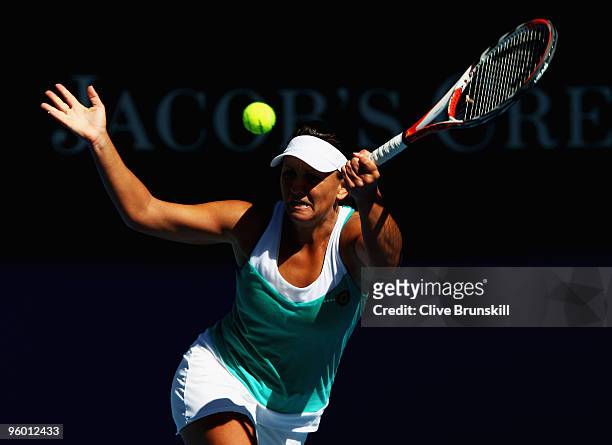Casey Dellacqua of Australia plays a forehand in her third round match against Venus Williams of the United States of America during day six of the...