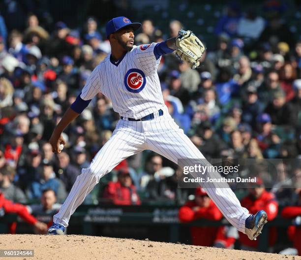 Carl Edwards Jr. #6 of the Chicago Cubs pitches against the St. Louis Cardinals at Wrigley Field on April 19, 2018 in Chicago, Illinois. The Cubs...