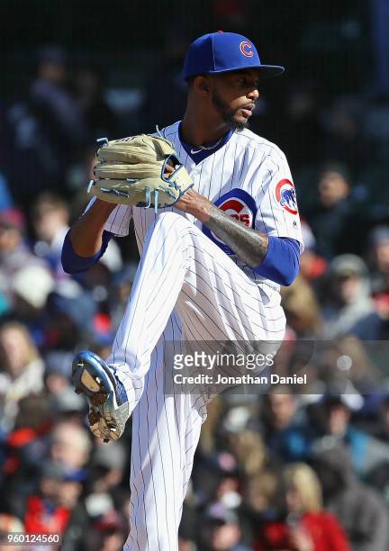 Carl Edwards Jr. #6 of the Chicago Cubs pitches against the St. Louis Cardinals at Wrigley Field on April 19, 2018 in Chicago, Illinois. The Cubs...