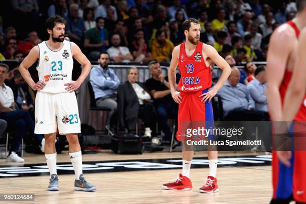 Sergio Llull, #23 of Real Madrid and Sergio Rodriguez, #13 of CSKA Moscow during the 2018 Turkish Airlines EuroLeague F4 Semifnal B game between...