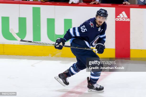 Mark Scheifele of the Winnipeg Jets keeps an eye on the play during second period action against the Vegas Golden Knights in Game Two of the Western...