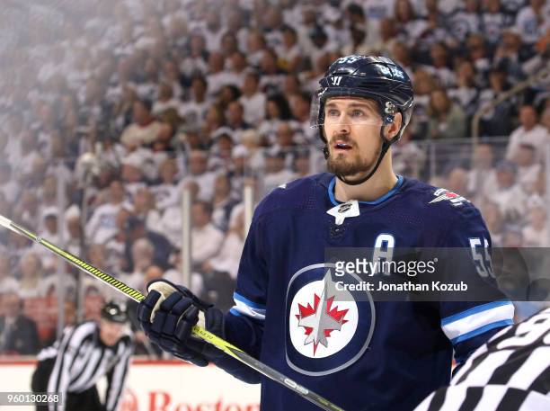 Mark Scheifele of the Winnipeg Jets looks on during a third period stoppage in play against the Vegas Golden Knights in Game Two of the Western...