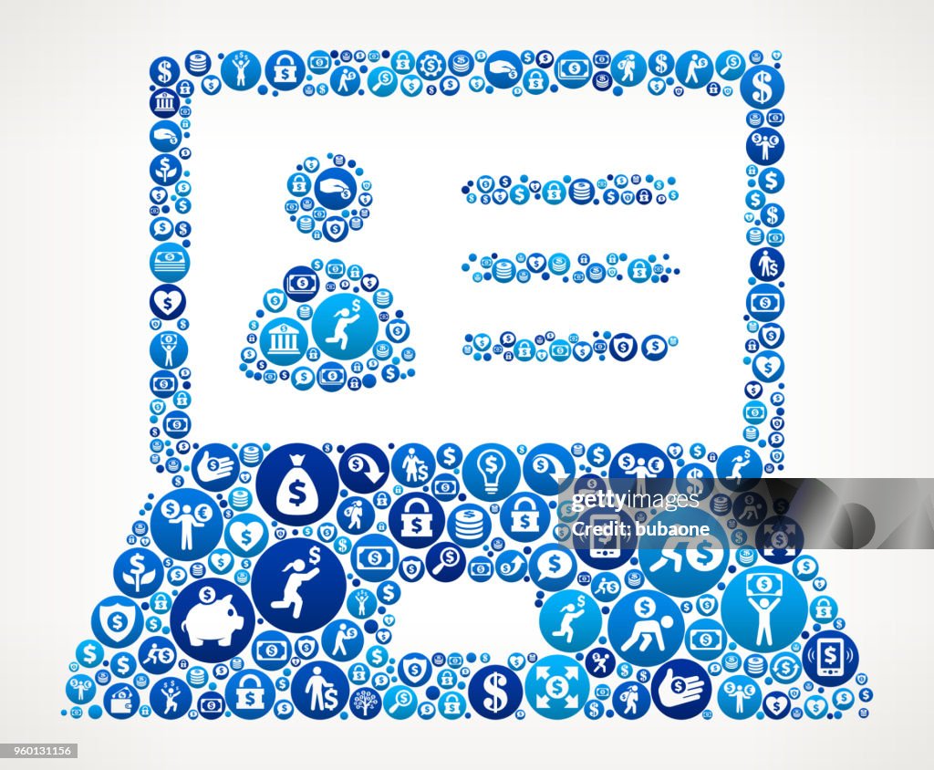 Laptop and Person's Profile Money Blue Icon Pattern Background