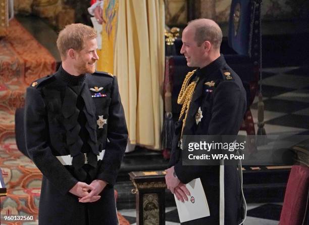 Prince Harry with his Best Man, the Duke of Cambridge wait for the start of his wedding ceremony to Meghan Markle at St George's Chapel at Windsor...