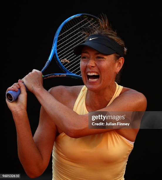 Maria Sharapova of Russia in action in her match against Simona Halep of Romania during day seven of the Internazionali BNL d'Italia 2018 tennis at...