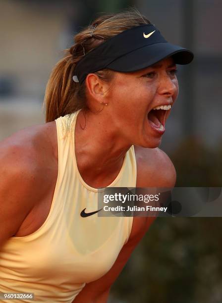 Maria Sharapova of Russia celebrates in her match against Simona Halep of Romania during day seven of the Internazionali BNL d'Italia 2018 tennis at...