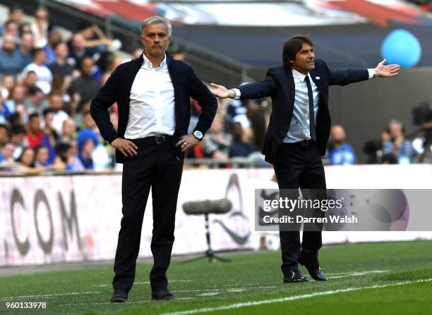 Jose Mourinho, Manager of Manchester United and Antonio Conte, Manager of Chelsea react during The Emirates FA Cup Final between Chelsea and...