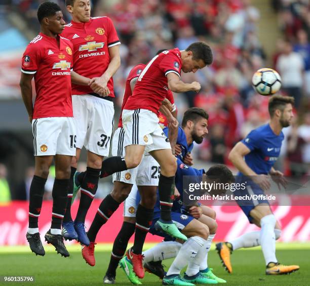 Ander Herrera of United gets his head to the ball to block a Chelsea free kick during the Emirates FA Cup Final between Chelsea and Manchester United...