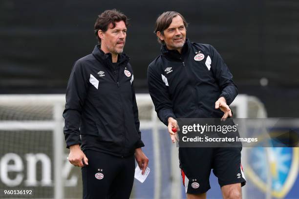 Assistant trainer Chris van der Weerden of PSV, coach Phillip Cocu of PSV during the Training PSV at the De Herdgang on May 19, 2018 in Eindhoven...