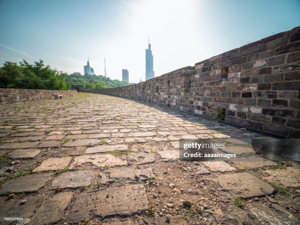 Nanjing ancient city wall front of city skyline