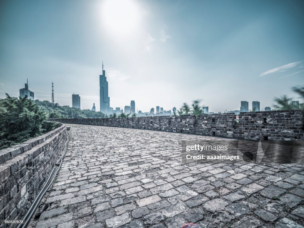 Nanjing ancient city wall front of city skyline