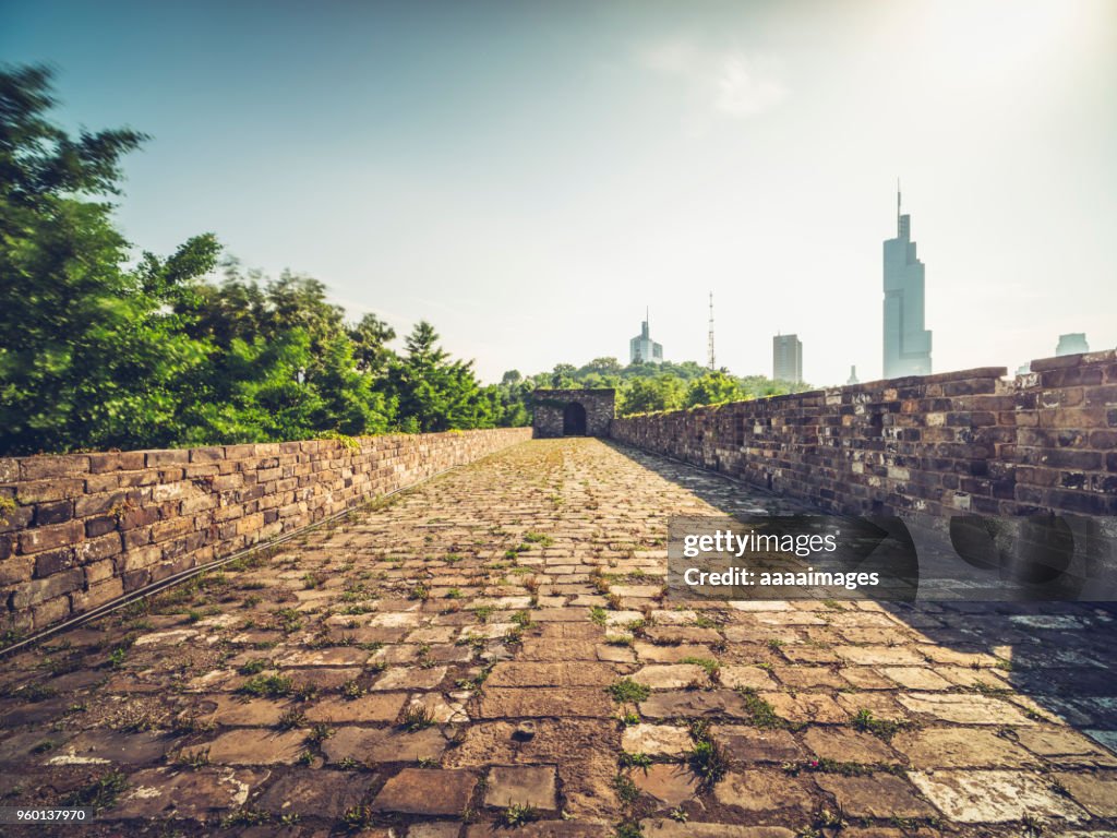 Nanjing ancient city wall front of city skyline