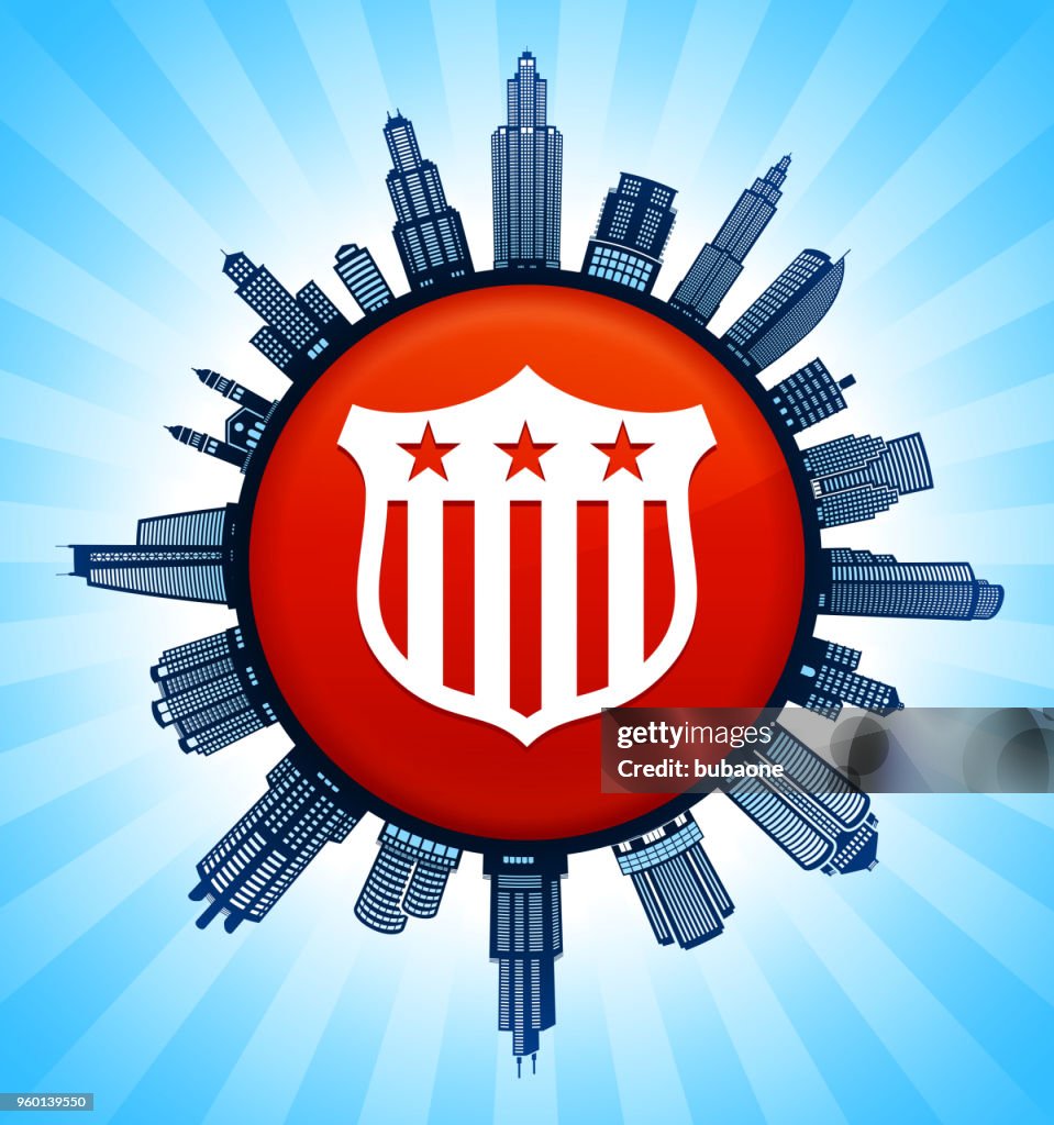 Political Shield  on Modern Cityscape Skyline Background