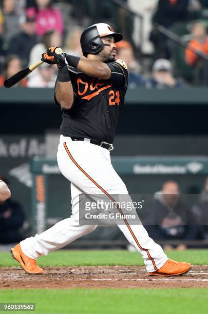 Pedro Alvarez of the Baltimore Orioles hits a home run against the Detroit Tigers at Oriole Park at Camden Yards on April 27, 2018 in Baltimore,...