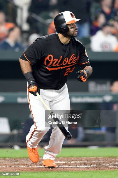 Pedro Alvarez of the Baltimore Orioles hits a home run against the Detroit Tigers at Oriole Park at Camden Yards on April 27, 2018 in Baltimore,...