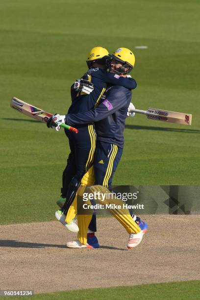 Mason Crane and Reece Topley celebrate victory at the end of the Royal London One-Day Cup match between Sussex and Hampshire at The 1st Central...