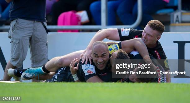 Exeter Chiefs' Joe Simmonds during the Aviva Premiership Semi Final between Exeter Chiefs and Newcastle Falcons at Sandy Park on May 19, 2018 in...