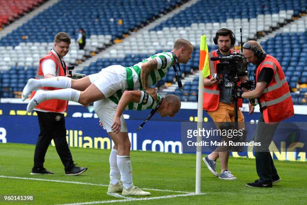 Scott Brown and Leigh Griffiths of Celtic celebrate as Celtic beat Motherwell 2-0 during the Scottish Cup Final between Celtic and Motherwell at...