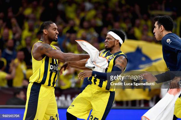 Brad Wanamaker, #11 of Fenerbahce Dogus Istanbul celebrates Ali Muhammed, #35 of Fenerbahce Dogus Istanbul during the 2018 Turkish Airlines...