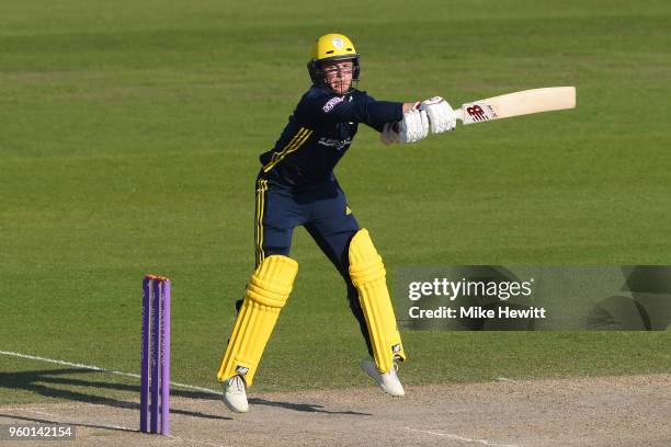 Mason Crane of Hampshire hits out during the Royal London One-Day Cup match between Sussex and Hampshire at The 1st Central County Ground on May 19,...