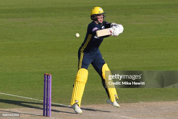 Mason Crane of Hampshire hits out during the Royal London One-Day Cup match between Sussex and Hampshire at The 1st Central County Ground on May 19,...