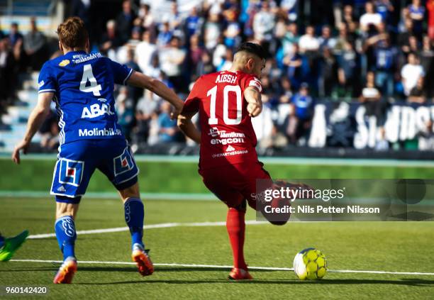 David Myrestam of GIF Sundsvall and Hosam Aiesh of Ostersunds FK with a goal giving pass during the Allsvenskan match between GIF Sundsvall and...
