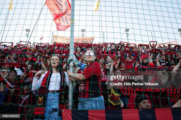 Fans of Ostersunds FK during the Allsvenskan match between GIF Sundsvall and Ostersunds FK at Idrottsparken on May 19, 2018 in Sundsvall, Sweden.