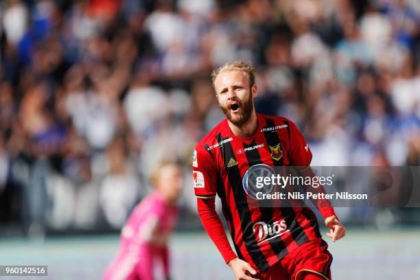 Curtis Edwards of Ostersunds FK celebrates after scoring to 0-1 during the Allsvenskan match between GIF Sundsvall and Ostersunds FK at Idrottsparken...