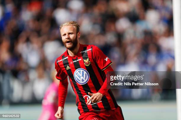 Curtis Edwards of Ostersunds FK celebrates after scoring to 0-1 during the Allsvenskan match between GIF Sundsvall and Ostersunds FK at Idrottsparken...