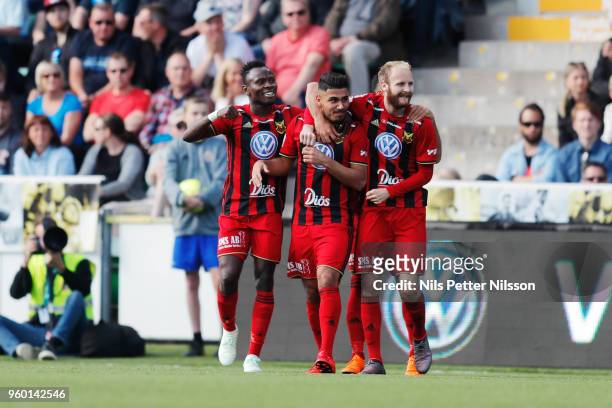 Hosam Aiesh of Ostersunds FK celebrates after scoring to 0-2 during the Allsvenskan match between GIF Sundsvall and Ostersunds FK at Idrottsparken on...