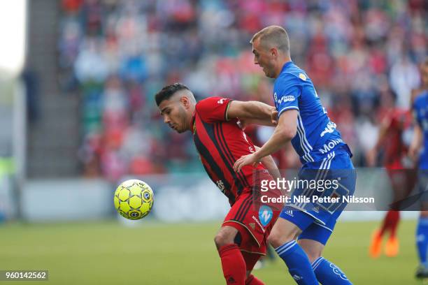Hosam Aiesh of Ostersunds FK and Dennis Olsson of GIF Sundsvall during the Allsvenskan match between GIF Sundsvall and Ostersunds FK at Idrottsparken...