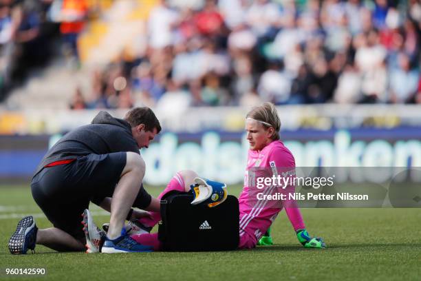 William Eskelinen of GIF Sundsvall injured during the Allsvenskan match between GIF Sundsvall and Ostersunds FK at Idrottsparken on May 19, 2018 in...