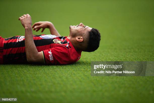 Hosam Aiesh of Ostersunds FK reacts during the Allsvenskan match between GIF Sundsvall and Ostersunds FK at Idrottsparken on May 19, 2018 in...