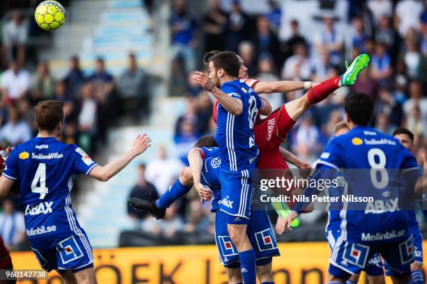 Carlos Garcia of GIF Sundsvall and Tom Pettersson of Ostersunds FK competes for the ball during the Allsvenskan match between GIF Sundsvall and...