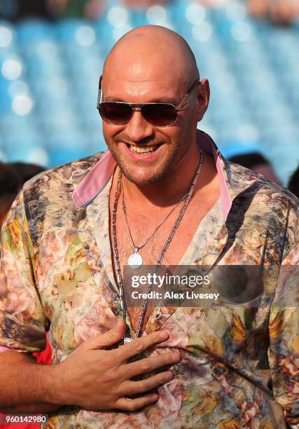 Tyson Fury arrives at Elland Road ahead of the IBF Featherweight Championship fight between Lee Selby and Josh Warrington at Elland Road on May 19,...