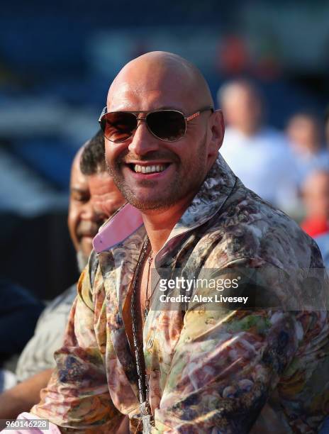 Tyson Fury looks on from ringside ahead of the IBF Featherweight Championship fight between Lee Selby and Josh Warrington at Elland Road on May 19,...