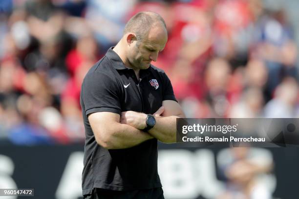 Toulouse's assistant coach William Servat looks on before the French Top 14 match between Stade Toulousain and Castres at Stade Ernest Wallon on May...