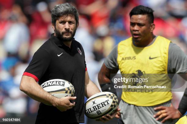 Toulouse's assstant coach Jean Bouilhou looks on before the French Top 14 match between Stade Toulousain and Castres at Stade Ernest Wallon on May...