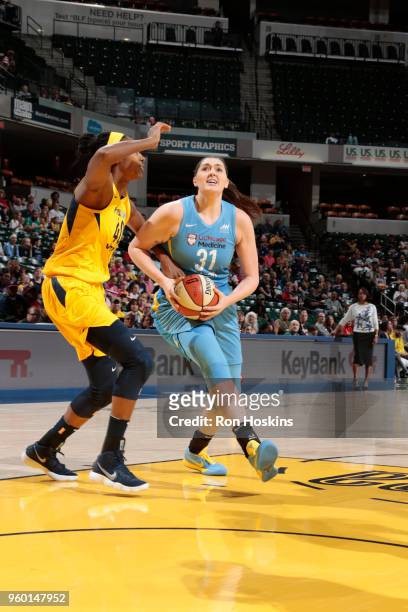 Stefanie Dolson of the Chicago Sky handles the ball against the Indiana Fever on May 19, 2018 at Bankers Life Fieldhouse in Indianapolis, Indiana....