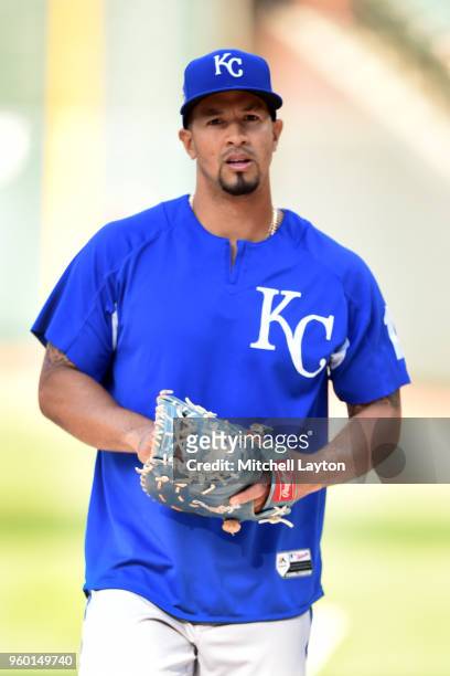 Cheslor Cuthbert of the Kansas City Royals looks on during batting practice of a baseball game against the Baltimore Orioles at Oriole Park at Camden...