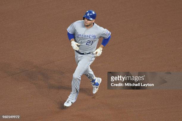 Lucas Duda of the Kansas City Royals rounds the bases after hitting a home run during a baseball game against the Baltimore Orioles at Oriole Park at...