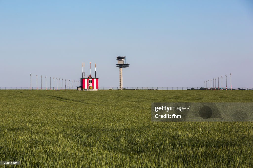 Flight control tower and radar building at Schönefeld airport (Brandenburg, Germany)