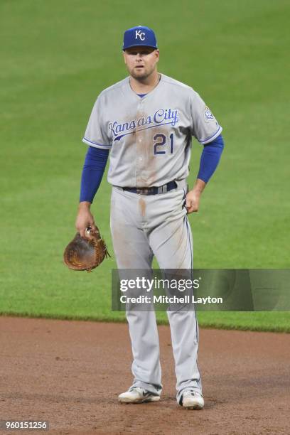 Lucas Duda of the Kansas City Royals looks on during a baseball game against the Baltimore Orioles at Oriole Park at Camden Yards on May 9, 2018 in...