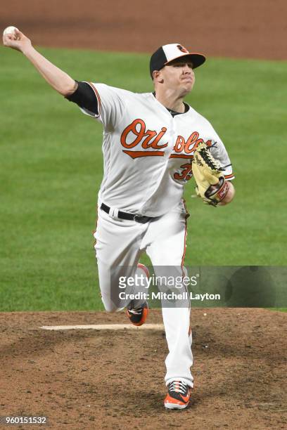 Brad Brach of the Baltimore Orioles pitches during a baseball game against the Kansas City Royals at Oriole Park at Camden Yards on May 9, 2018 in...
