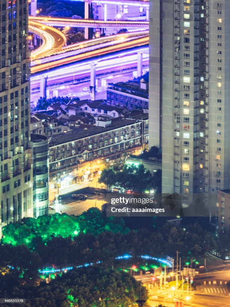 Multi-colored traffic trails at night in shanghai