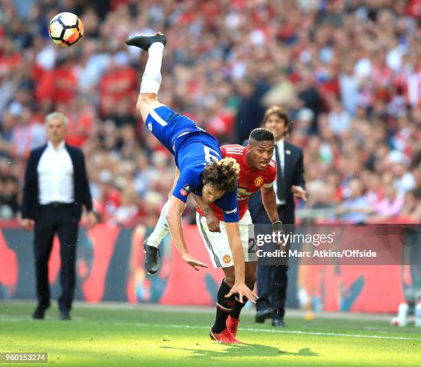 Marcos Alonso of Chelsea goes over the top of Luis Antonio Valencia of Man Utd during the Emirates FA Cup Final between Chelsea and Manchester United...