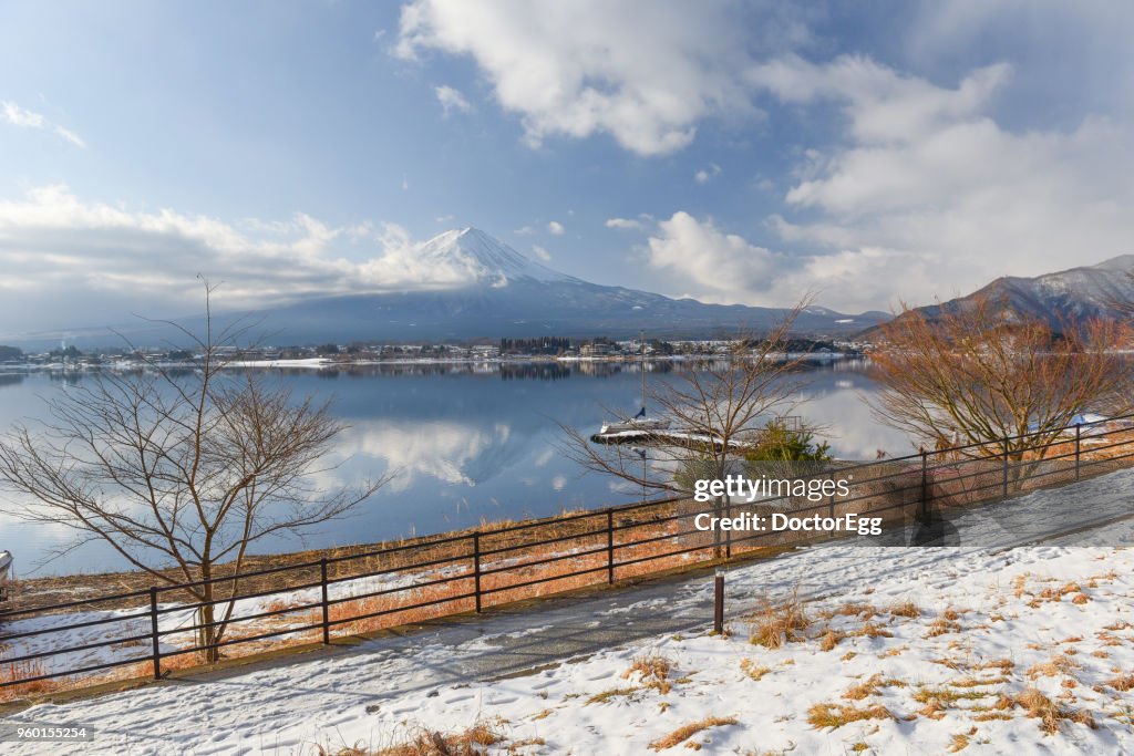 Fuji Mountain Reflection and Snow in Winter at Kawaguchiko Lake, Japan
